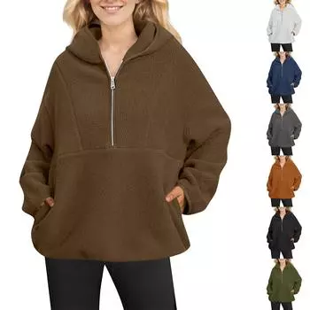 Женские толстовки большого размера с капюшоном из пушистого флиса на молнии, свитшоты, осенние наряды с карманами S