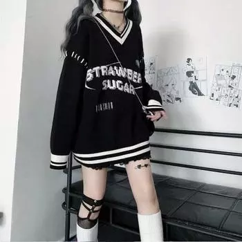 Женские толстовки большого размера Y2K в черную полоску в стиле Харадзюку, толстовки с буквенным принтом в стиле гранж, свободные повседневные топы с v-образным вырезом, готика 2000-х годов