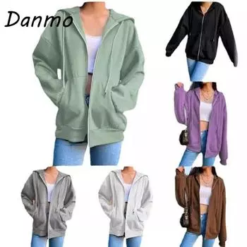 Женские толстовки Danmo, повседневные женские свободные женские толстовки на молнии, уличная одежда большого размера с длинными рукавами и капюшоном XXL чёрный