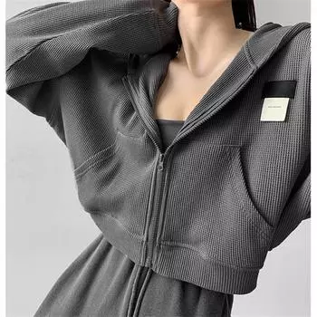 Женские толстовки Harajuku, корейская модная спортивная одежда, женские толстовки на молнии, винтажная уличная одежда, базовый повседневный укороченный топ S серый