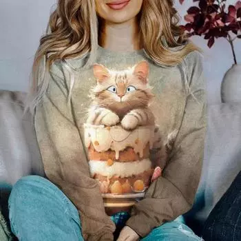 Женские толстовки и худи с принтом мультяшного кота Kawaii, графическая рубашка с длинным рукавом, женская одежда, большой топ, модная блузка S