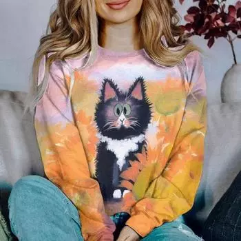 Женские толстовки и худи с рисунком в виде кота, блузка с длинным рукавом, графические толстовки с капюшоном, женская одежда, свободный топ, повседневный S