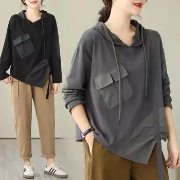 Женские толстовки и свитшоты с героями мультфильмов, с короткими рукавами, лоскутные карманы, свободные желтые базовые топы с круглым вырезом, футболка XXL чёрный