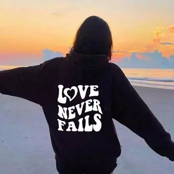 Женские толстовки Love Never Fails, вдохновляющие модные эстетические 100% повседневные джемперы с карманами и карманами Tumblr S