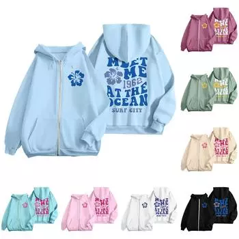 Женские толстовки на молнии для девочек-подростков, свитшот с цветочным принтом, одежда, повседневная куртка на шнурке с карманами S фиолетовый