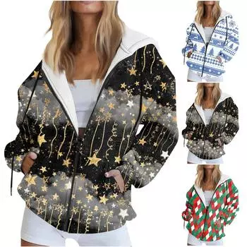 Женские толстовки на молнии для девочек-подростков, рождественский свитшот с принтом, одежда, повседневная куртка на шнурке с карманами L винный