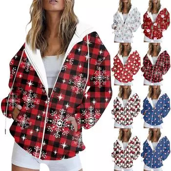 Женские толстовки на молнии для девочек-подростков, рождественский свитшот с принтом, одежда, повседневная куртка на шнурке с карманами L синий