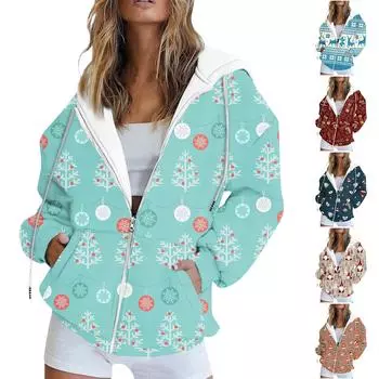 Женские толстовки на молнии для девочек-подростков, рождественский свитшот с принтом, одежда, повседневная куртка на шнурке с карманами XXL хаки