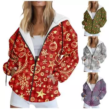 Женские толстовки на молнии для девочек-подростков, рождественский свитшот с принтом, одежда, повседневная куртка на шнурке с карманами M серый