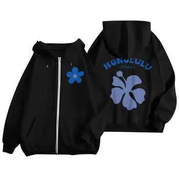 Женские толстовки на молнии для девочек-подростков, свитшот с цветочным принтом, одежда, повседневная куртка на шнурке с карманами XXXL чёрный