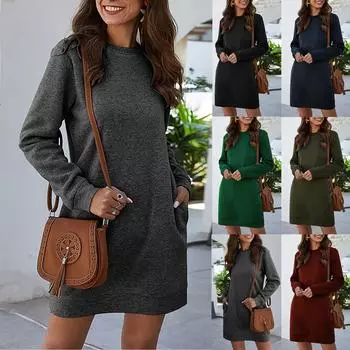 Женские толстовки, однотонное свободное повседневное платье с длинным рукавом