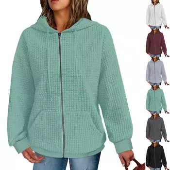 Женские толстовки, однотонные текстурированные повседневные куртки с карманами и шнурком в стиле попкорна, толстовки, пальто XL винный