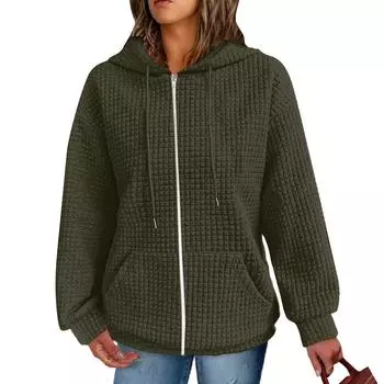 Женские толстовки, однотонные текстурированные повседневные куртки с карманами и шнурком в стиле попкорна, толстовки, пальто