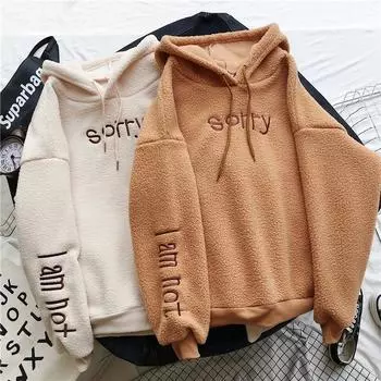 Женские толстовки, осенне-зимние свитера, повседневные свободные толстовки с длинными рукавами из искусственного кашемира, теплые модные новые толстовки M абрикосовый