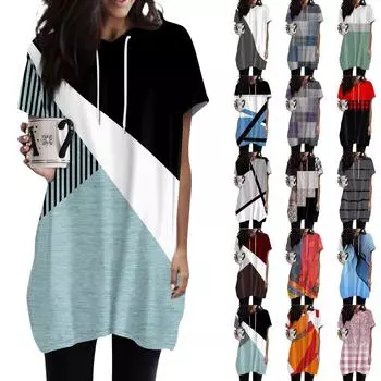 Женские толстовки, повседневные рубашки с короткими рукавами, модные туники с принтом, топы с карманами L синий