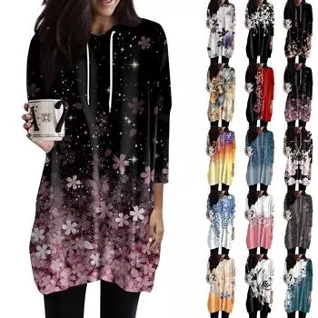 Женские толстовки, повседневные рубашки с рукавами 3/4, модные туники с принтом, топы с карманами L чёрный