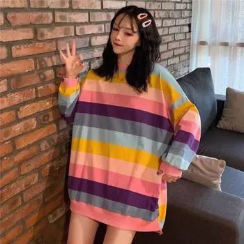Женские толстовки, рубашки, японские яркие цвета, радужные полоски, свободная тонкая одежда большого размера с длинными рукавами M розовый