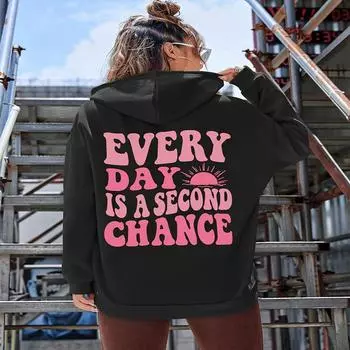 Женские толстовки с буквенным принтом на каждый день - это второй шанс, креативные повседневные винтажные хлопковые толстовки с уличными карманами, одежда для пар S чёрный