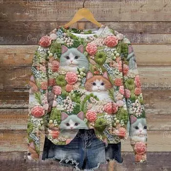 Женские толстовки с длинным рукавом и круглым вырезом с забавным принтом кота и цветочным принтом, повседневные толстовки с капюшоном, женская одежда, зимние топы S