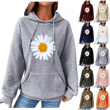 Женские толстовки с длинным рукавом, повседневные толстовки с капюшоном и шнурком с принтом для женщин, пуловер с карманами M чёрный