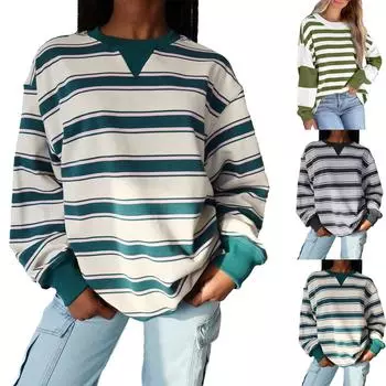 Женские толстовки с длинными рукавами и воротником, пуловеры, топы, осенние наряды, полосатые топы M зелёный