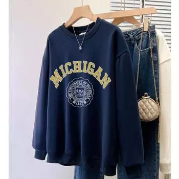 Женские толстовки с капюшоном 2024 года, модные осенние графические принты с буквами, тонкие хлопковые толстовки, винтажные с круглым вырезом, с длинными рукавами, повседневные свободные женские пуловеры, топы M тёмно-синий