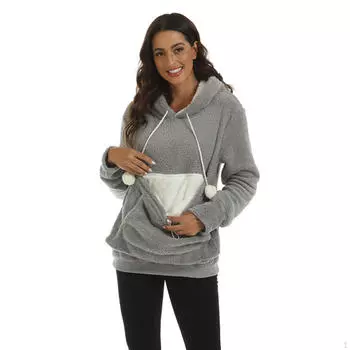 Женские толстовки с капюшоном, большая сумка, толстовка с капюшоном, осень-зима, повседневный пуловер-переноска для кошек и собак M светло-серый
