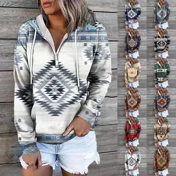 Женские толстовки с капюшоном больших размеров с ацтекским этническим принтом, толстовка с длинным рукавом, пуловер на шнурке, блузка, топ S зелёный