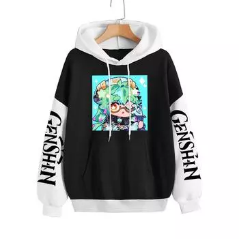 Женские толстовки с капюшоном Game Genshin Impact Kawaii с рисунком сахарозы, повседневная одежда в стиле хип-хоп, лоскутные зимние толстовки с капюшоном в стиле Харадзюку S чёрный