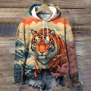 Женские толстовки с капюшоном и принтом животных из мультфильмов Укиё-э, топы-пуловеры, осенняя мода, уличная женская одежда Y2K, свободные женские толстовки S