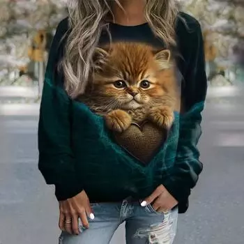 Женские толстовки с капюшоном из хлопка, пуловеры, топы, модные толстовки с длинным рукавом и принтом котенка, милые повседневные толстовки с круглым вырезом для девочек, женская одежда S