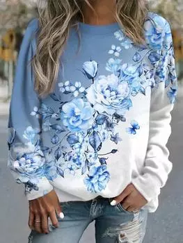 Женские толстовки с капюшоном Модные толстовки с цветочным принтом 3D Круглый вырез Длинный рукав Толстовка Элегантные толстовки Harajuku Спортивный костюм Одежда S