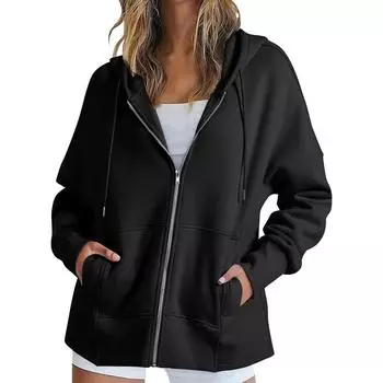 Женские толстовки с капюшоном на молнии с длинным рукавом, осенние свободные толстовки, куртки с карманами, модная одежда, толстовки с капюшоном для женщин L чёрный