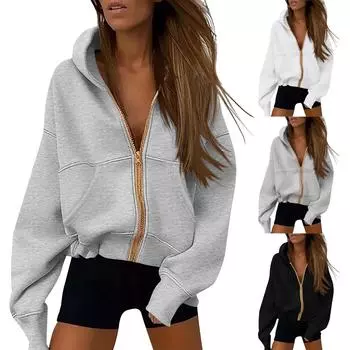 Женские толстовки с капюшоном на молнии с длинным рукавом, осенние свободные толстовки, куртки с карманами, модная одежда, толстовки с капюшоном для женщин XXL чёрный