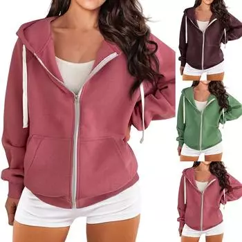 Женские толстовки с капюшоном на молнии с длинным рукавом, осенние наряды, свободная толстовка L чёрный