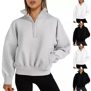 Женские толстовки с капюшоном на молнии с коротким рукавом 2024 года, модные топы с длинными рукавами, наряды на осень-зиму с карманами M серый