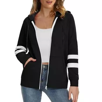 Женские толстовки с капюшоном на молнии с длинным рукавом и карманом, куртки с капюшоном S чёрный