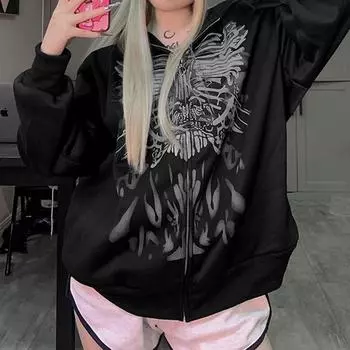 Женские толстовки с капюшоном на молнии свободного покроя Y2k с винтажным графическим принтом свободного покроя, куртка, пуловер, пальто, готическая уличная одежда в стиле Харадзюку S чёрный
