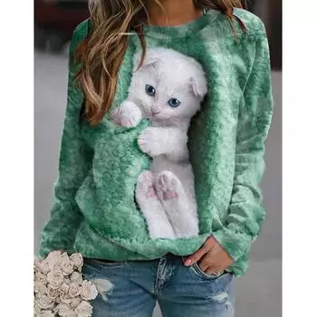 Женские толстовки с капюшоном, осенний пуловер с принтом животных и кошек, свободная толстовка с длинными рукавами и круглым вырезом S белый