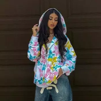 Женские толстовки с капюшоном, осенняя уличная одежда, белый свитшот со звездным принтом, Harajuku, на молнии, гот-панк, женская куртка, толстовка с капюшоном в стиле хип-хоп, оверсайз Y2K S белый