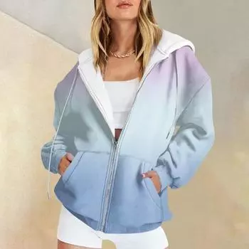 Женские толстовки с капюшоном Повседневная мода Градиентный принт Топы с длинным рукавом Пуловеры Толстовки с капюшоном на молнии Пальто S