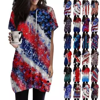 Женские толстовки с капюшоном, повседневные рубашки с коротким рукавом, модные топы с принтом и карманами L синий