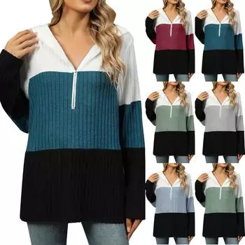 Женские толстовки с капюшоном, повседневные свободные рубашки с длинным рукавом и v-образным вырезом на пуговицах, топы, пуловеры, осенняя одежда, наряды M синий