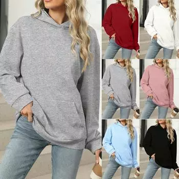 Женские толстовки с капюшоном Повседневные свободные рубашки с длинным рукавом и V-образным вырезом Топы Пуловеры Осенняя одежда Наряды XXL чёрный