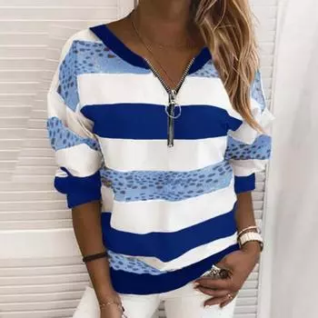 Женские толстовки с капюшоном с длинным рукавом на молнии, пуловер с леопардовым принтом, лоскутная толстовка, уличная одежда, блузка, модная одежда S синий