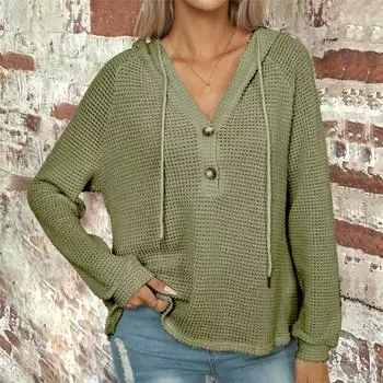 Женские толстовки с капюшоном, с длинным рукавом, повседневные свитшоты, пуловеры, топы на пуговицах L армия зеленый