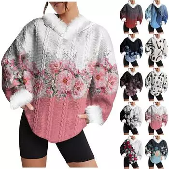 Женские толстовки с капюшоном с принтом и длинным рукавом, повседневные однотонные пуловеры в стиле пэчворк, плюшевые трикотажные толстовки с капюшоном XXL