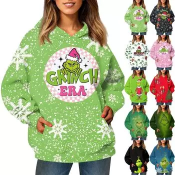 Женские толстовки с капюшоном, толстовки, модный женский свитер с длинными рукавами и рождественским принтом, толстовка с капюшоном и карманом L армия зеленый