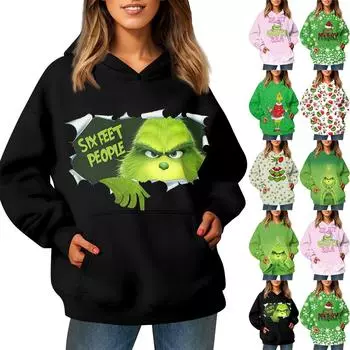 Женские толстовки с капюшоном, толстовки, модный женский свитер с длинными рукавами и рождественским принтом, толстовка с капюшоном и карманом S