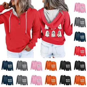 Женские толстовки с капюшоном, топы, повседневные толстовки с принтом на Хэллоуин, на пуговицах, с длинным рукавом и карманами L чёрный